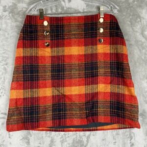 Hobbs London Orange Red Plaid Mini Skirt Gold Sailor Buttons Size US 8 UK 12